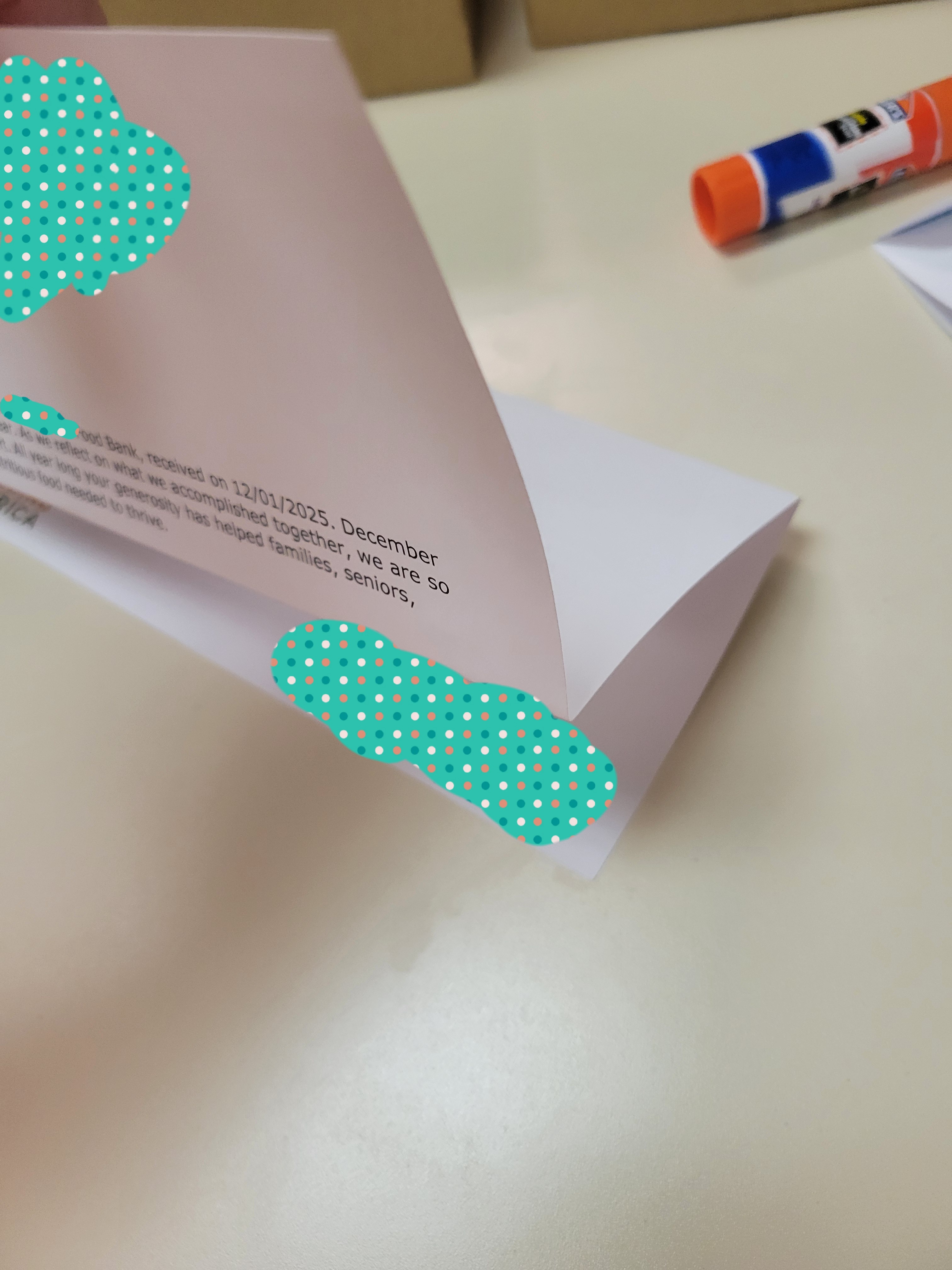 Folded food bank donation thank you letter.